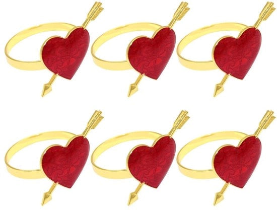 Serviettenringi a forma di cuore - 6 pezzi Rosso/ Oro - Decorazione da tavola - San Valentino - Matrimonio - Atmosfera romantica