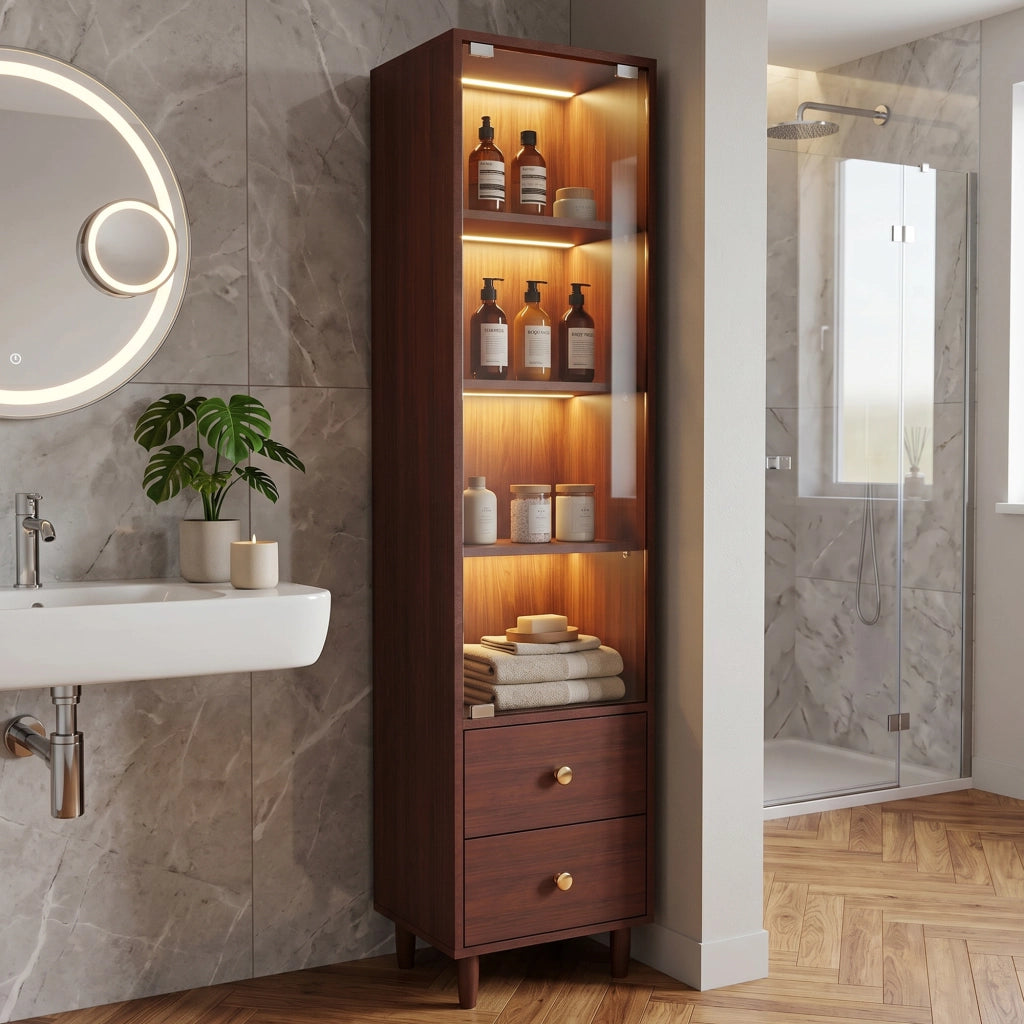 Vetrina con LED e porta in vetro, 4 ripiani e 2 cassetti, per soggiorno, in MDF e vetro, marrone, 40 × 35 × 165 cm