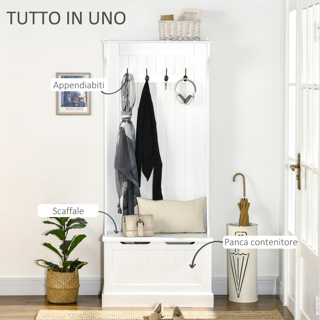 Easycomfort Appendiabiti da Terra Moderno 3 in 1 con 4 Ganci, Panca Contenitore e Attaccapanni, Salvaspazio Mobile da Ingresso, Corridoio, Camera da Letto in Legno, 71.5x39.5x170 cm, Bianco
