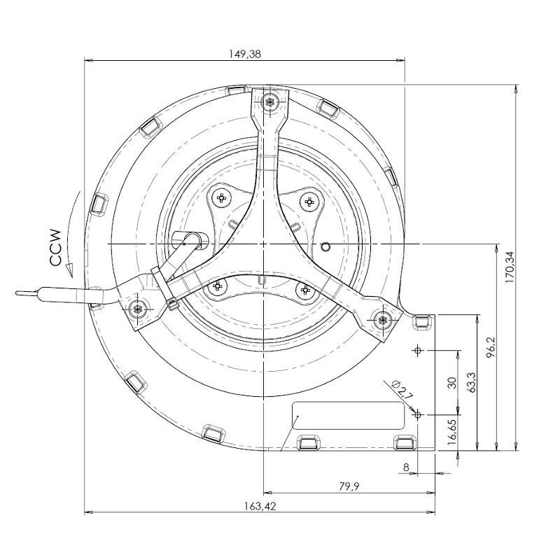 Ventilatore centrifugo Trial CAD12R-001 per stufe a Pellet. Lungo 164 mm Bocchetta: 146x63 mm