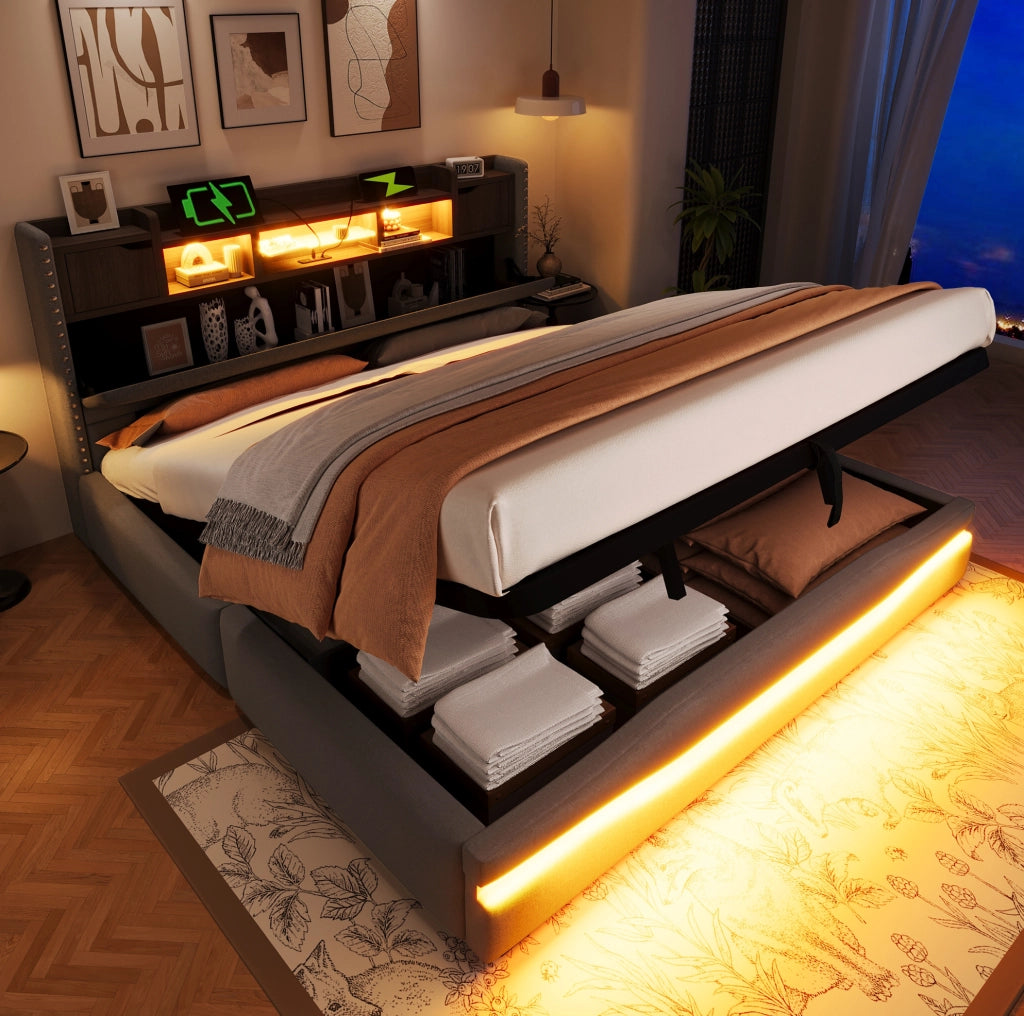 Letto imbottito 180×200 cm grigio con vano idraulico, LED e ricarica USB-C