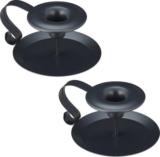 Candelabro vintage - con orecchio - set da 2 - metallo - per candele da tavola - 6 x 13 x 10,5 cm - nero
