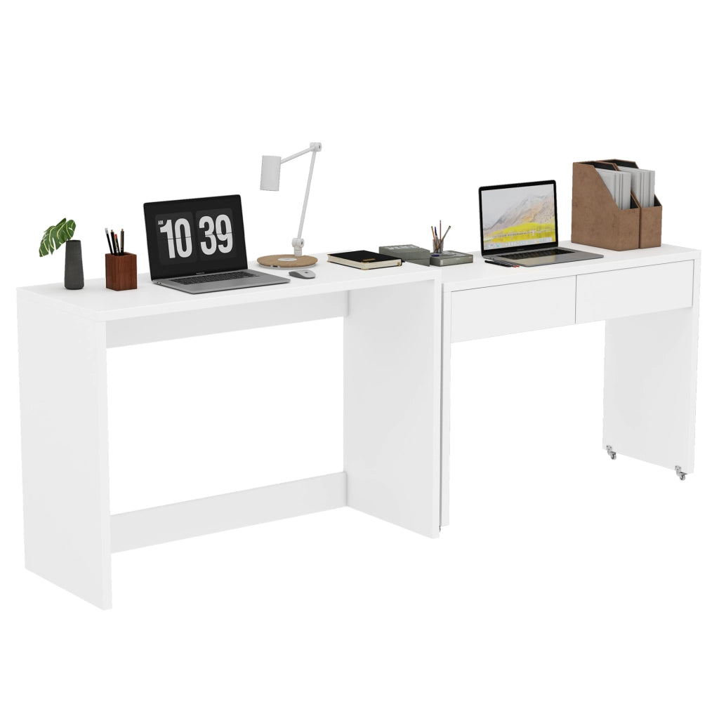 Scrivania pieghevole 2 in 1 110x40x78 cm in pannello truciolare bianco con ruote e cassetti