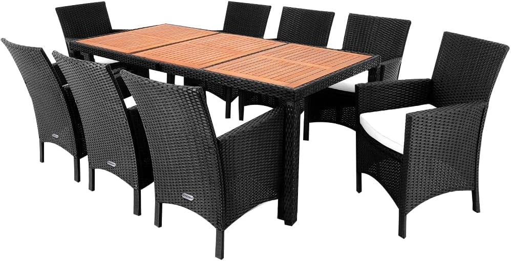 Set di Mobili da Giardino 8 Sedie incl. Cuscini da 7 cm con Tavolo 190x90 cm Mobili da Esterno per Terrazza Resistenti in Polyrattan Legno di Acacia per Balcone Lounge