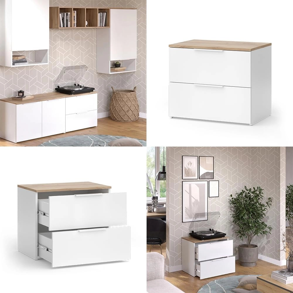 Cassettiera Wido, Bianco/Sonoma, 60 x 50 cm con 2 cassetti, per riporre abiti e oggetti di uso quotidiano