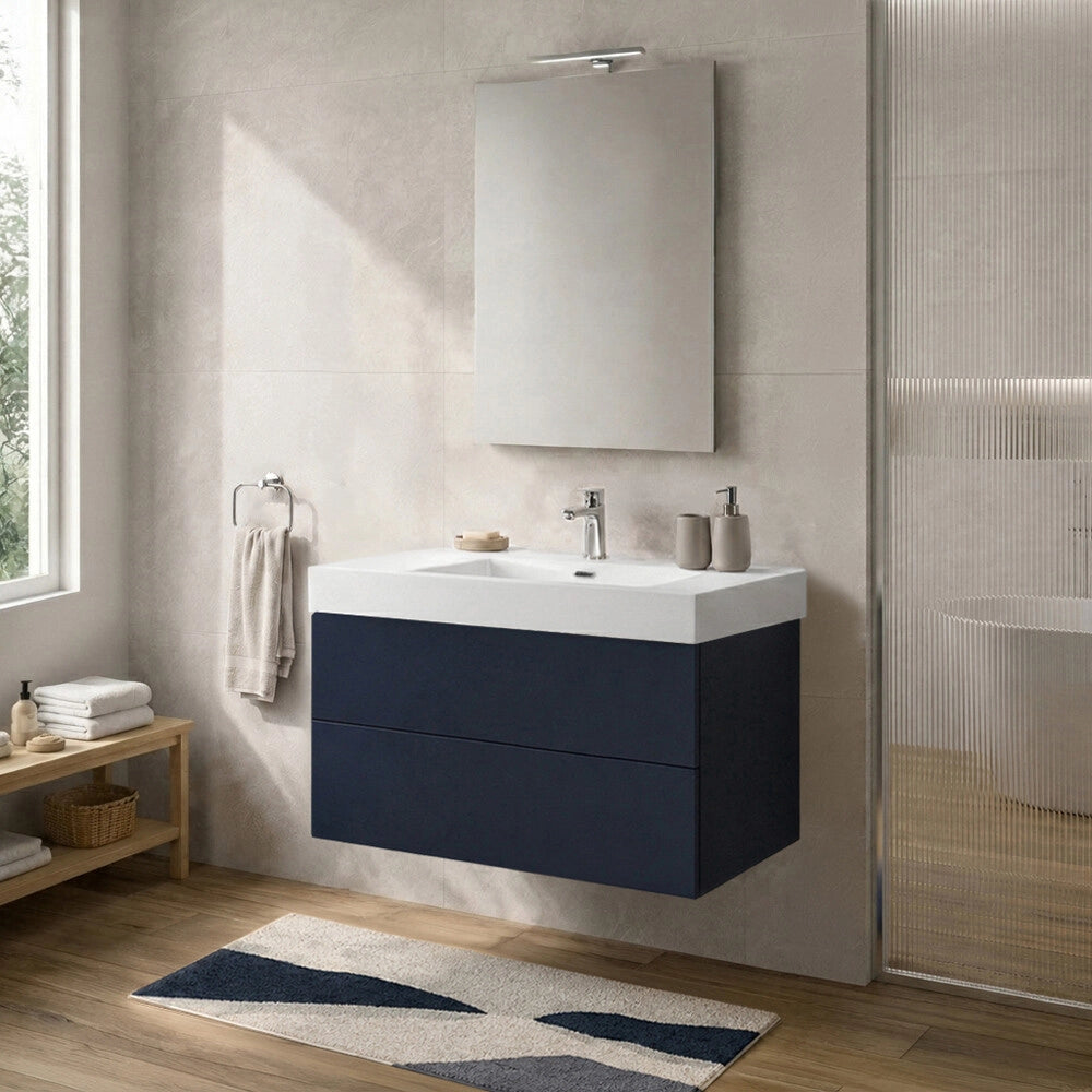 Mobile bagno sospeso 100 cm blu due cassetti push-pull e lavabo in resina Tierra