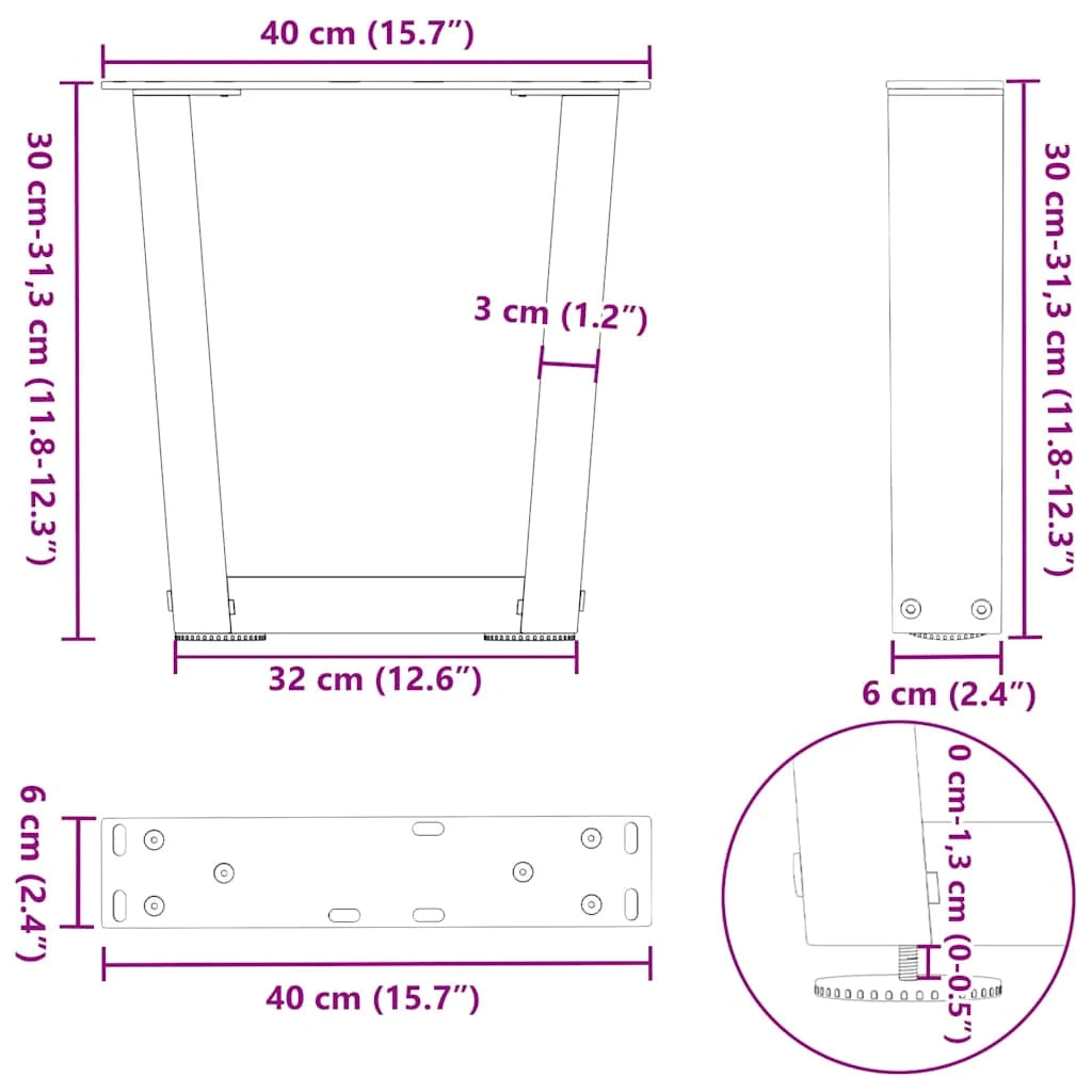 Set di 2 gambe regolabili per tavolino da caffè a forma di V 40 x 30-31,3 cm in acciaio nero 02_0056892