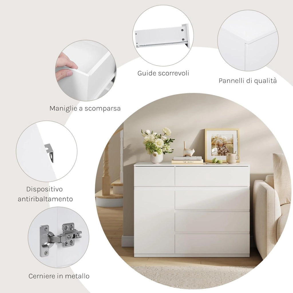 Cassettiera Camera da Letto, Mobiletto Salvaspazio con 5 Cassetti e 1 Armadietto, Ripiano Regolabile, per Soggiorno, Ingresso, 100x40x80 cm, Bianco