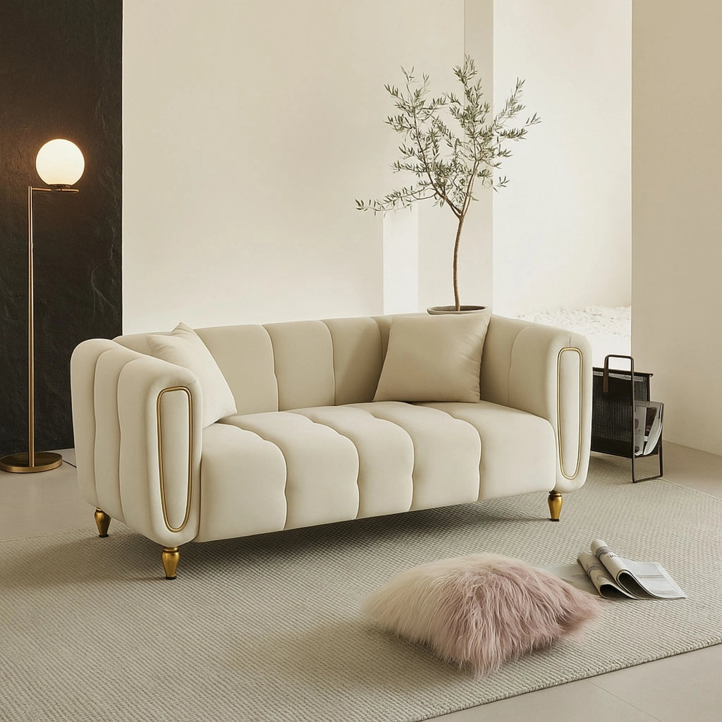 Divano fisso 2 posti Gandolfo, Sofà dritto, Divanetto per salotto, Poltrona matrimoniale, 81x155 h71 cm, Crema e Oro