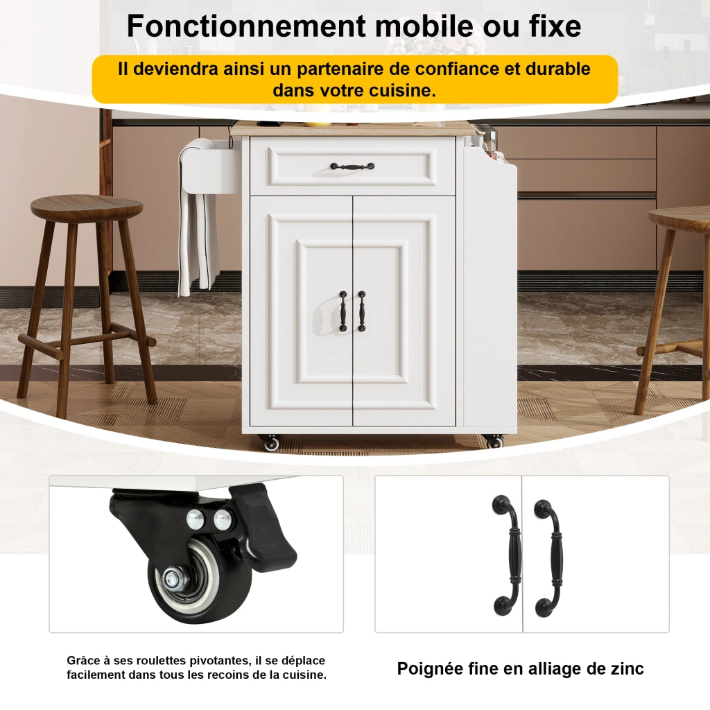 Carrello da Cucina con 1 Cassetto 2 Ante Ripiano Regolabile Piano Pieghevole Portasciugamani con Ruote 66x60x90 cm
