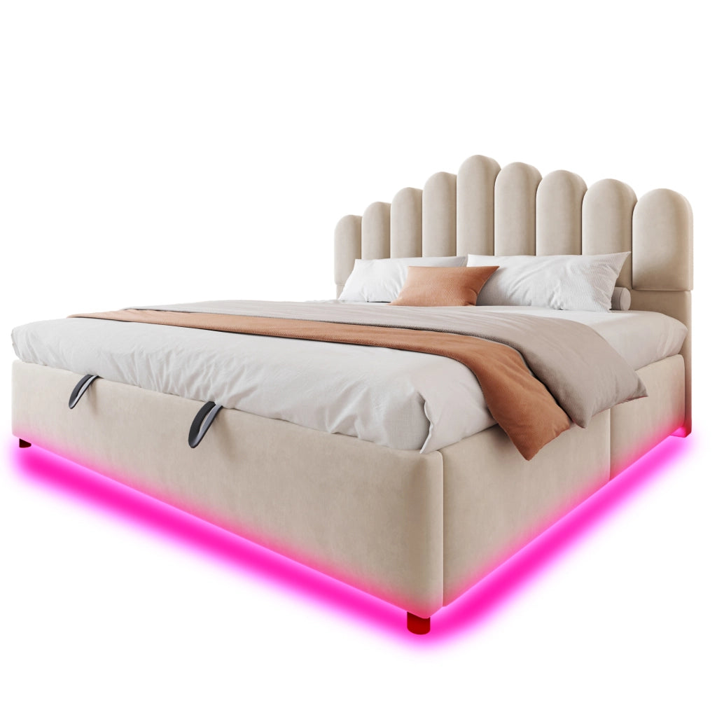 DESMIU Letto contenitore 180 × 200 cm 2 posti con vano idraulico, LED, senza materasso, in velluto, beige