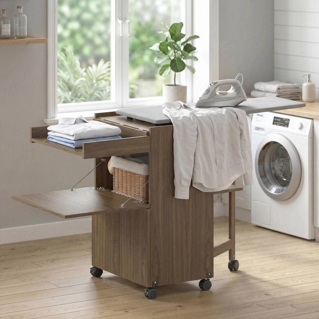 Mobile Asse da Stiro Pieghevole con Porta Ferro e Indumenti con Vano Aperto.154x55x87 cm. Marrone