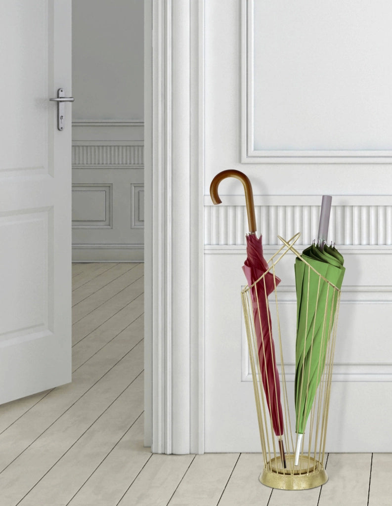 Portaombrelli struttura in acciaio dorato, con linee minimali, colore oro, Misure 23 x 68,5 x 26,5 cm