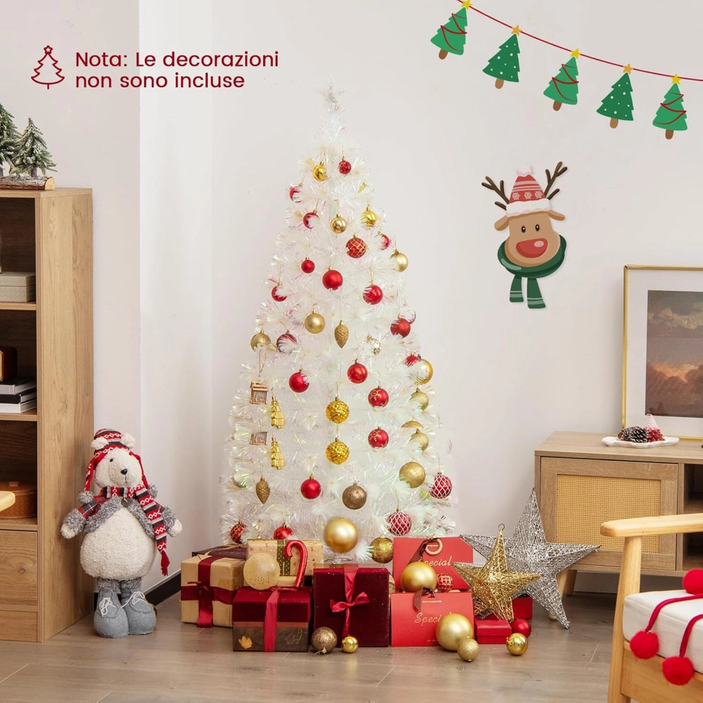 Albero di Natale Pre-illuminato in Fibra Ottica 120/150/180/210 cm, Albero di Natale Bianco con Foglie Iridescenti, Luci a LED a Fiocco di Neve Multicolore, Luce Superiore a Stella (150 CM)