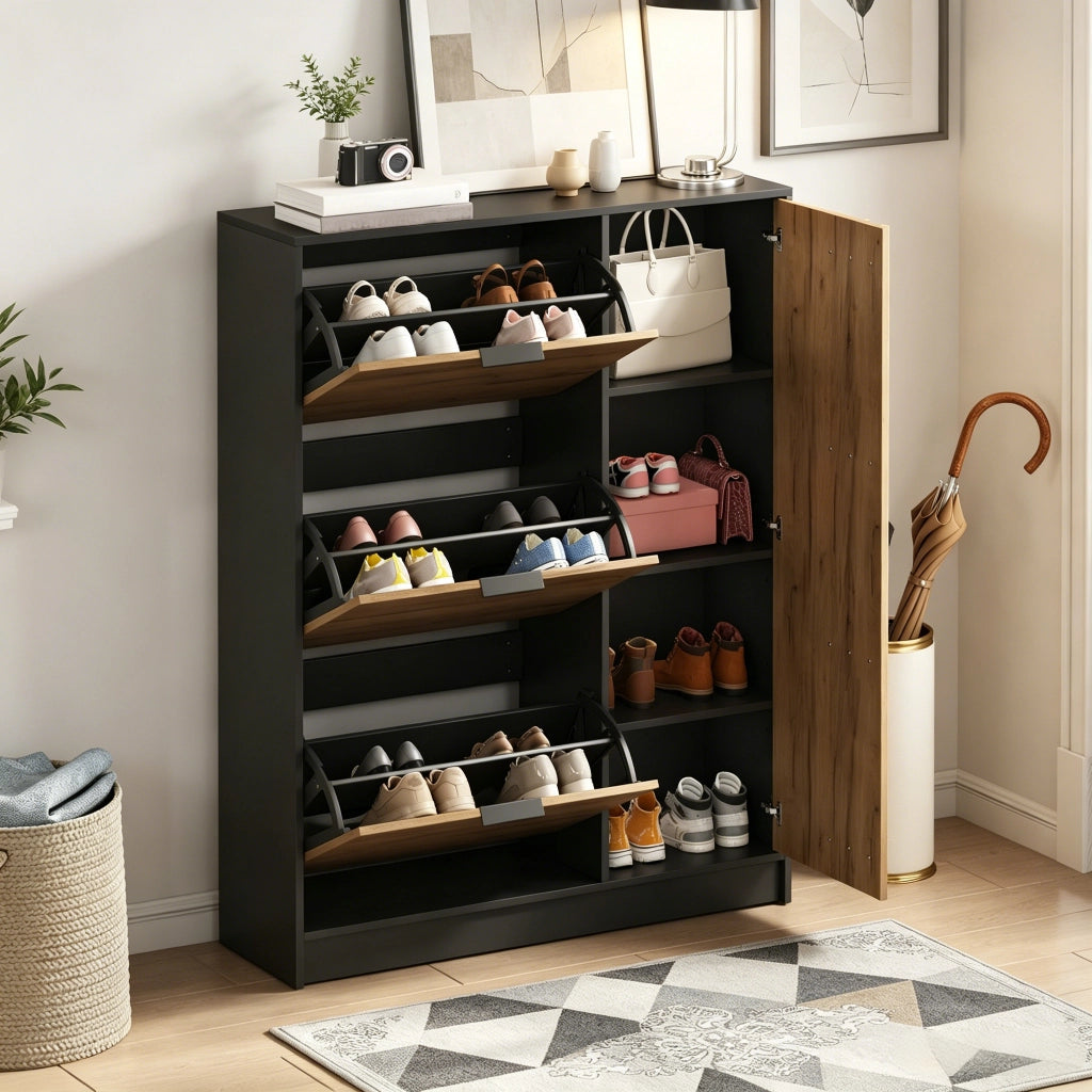 SCARPIERA 100x30x130 cm MDF color naturale e nero con 3 ribalte e 1 anta