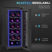 Cantinetta Frigorifero per 12 Bottiglie con Doppio Controllo Temperatura, Ripiani Regolabili e Luci, Nero