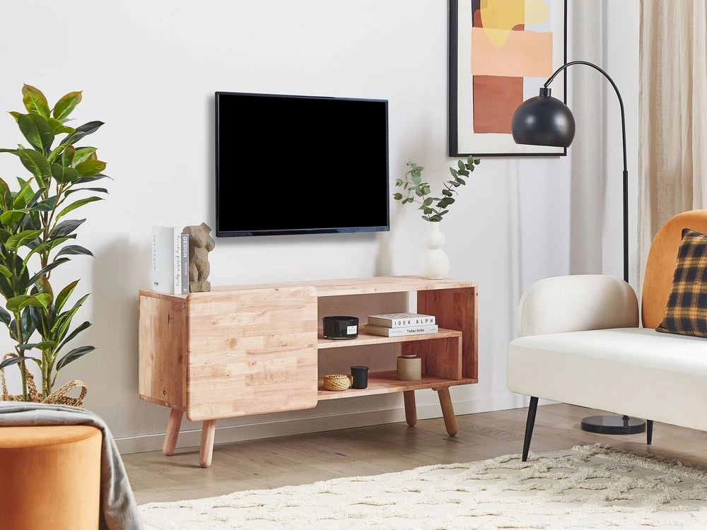 Porta TV a 1 porta in marrone chiaro in legno di gomma per soggiorno portaoggetti in stile scandinavo retrò
