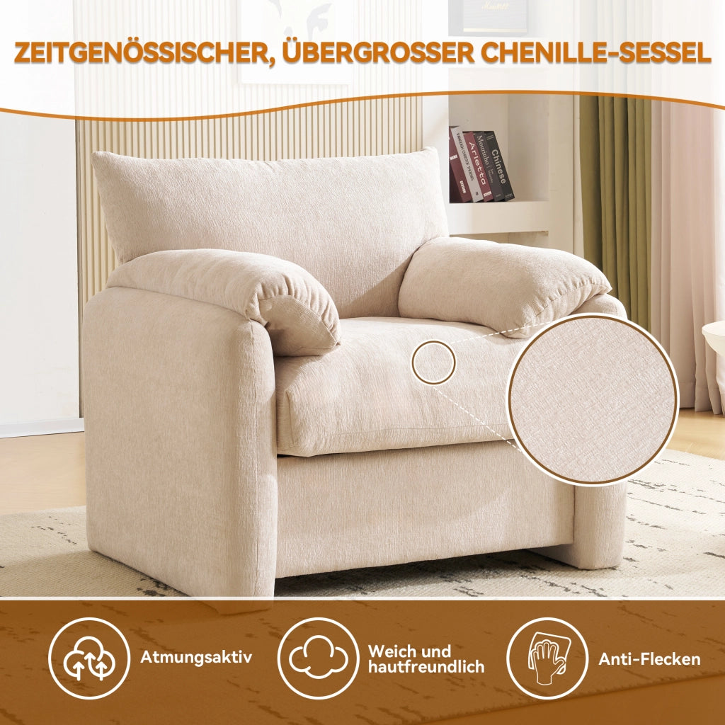 Poltrona singola in chenille con braccioli imbottiti; 96 cm; beige