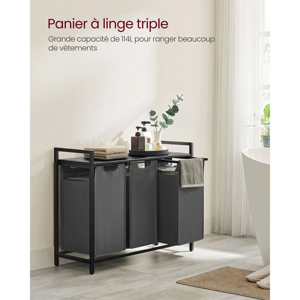 Cesto portabiancheria con 3 scomparti e 1 ripiano rimovibile per sacchetti capacità 38 l per sacchetto per bagno/lavanderia grigio 12_0006757