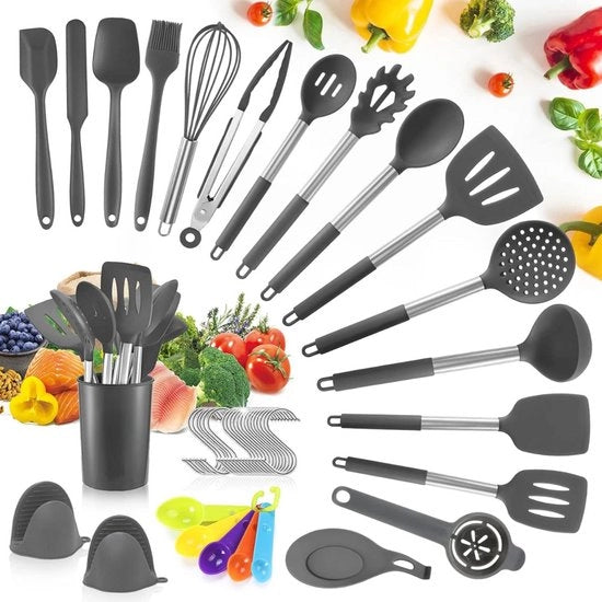 Set di accessori da cucina in silicone - Set di accessori da cucina - Senza BPA - Appeso - Set di accessori da cucina con supporto - Qualità robusta - Resistente al calore - In silicone - Accessori da cucina