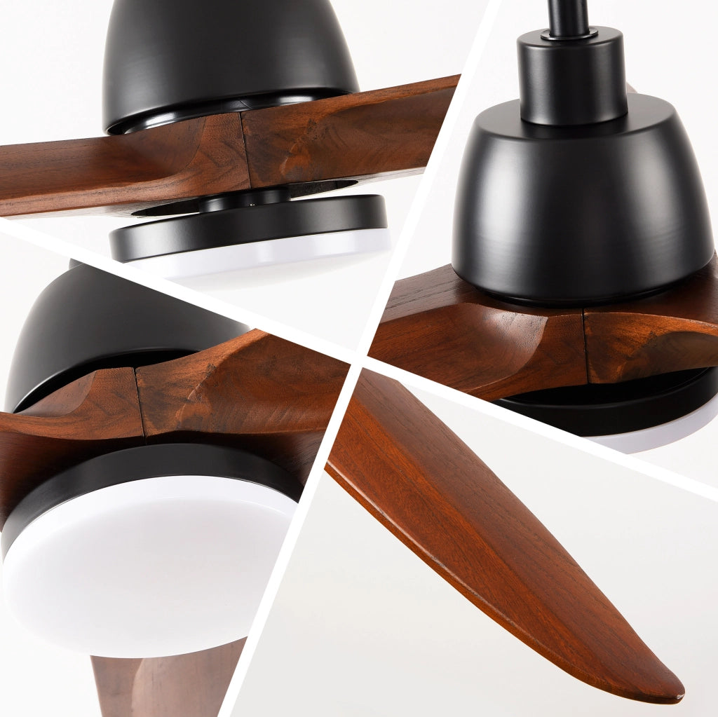 Ventilatore da soffitto 52" con luce LED a 3 tonalità; 3 pale in legno massello; nero e noce scuro