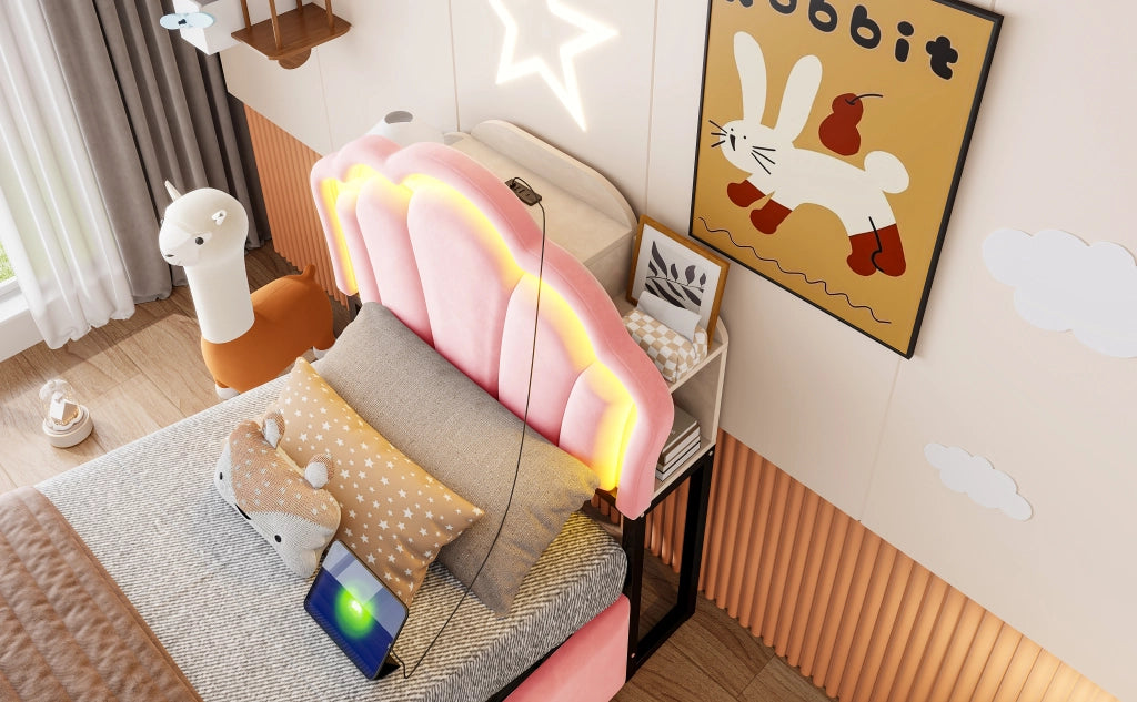 DESMIU Letto Contenitore 90 × 200 cm 1 Piazza con LED, Prese, Ripiani nella Testiera, Senza Materasso, Velluto, Rosa