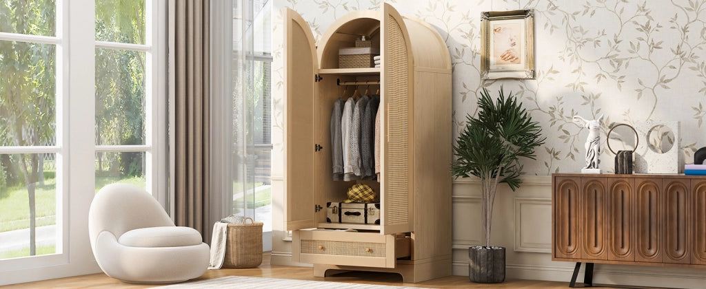 Armadio con 2 ante e 2 cassetti, porte effetto rattan, per camera da letto, in legno, colore legno 70 × 55 × 170 cm