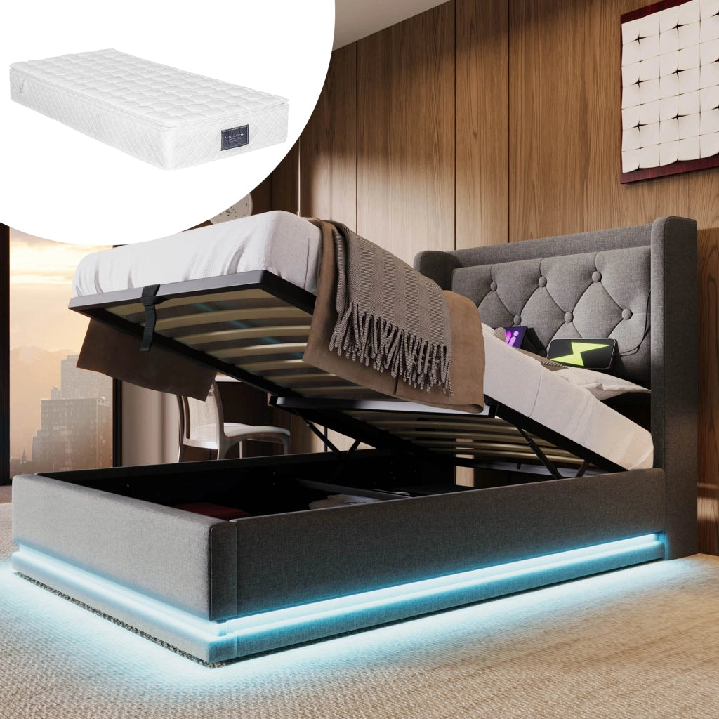 LETTO Contenitore 90x200 cm Grigio in cotone con materasso incluso, USB Tipo C e LED