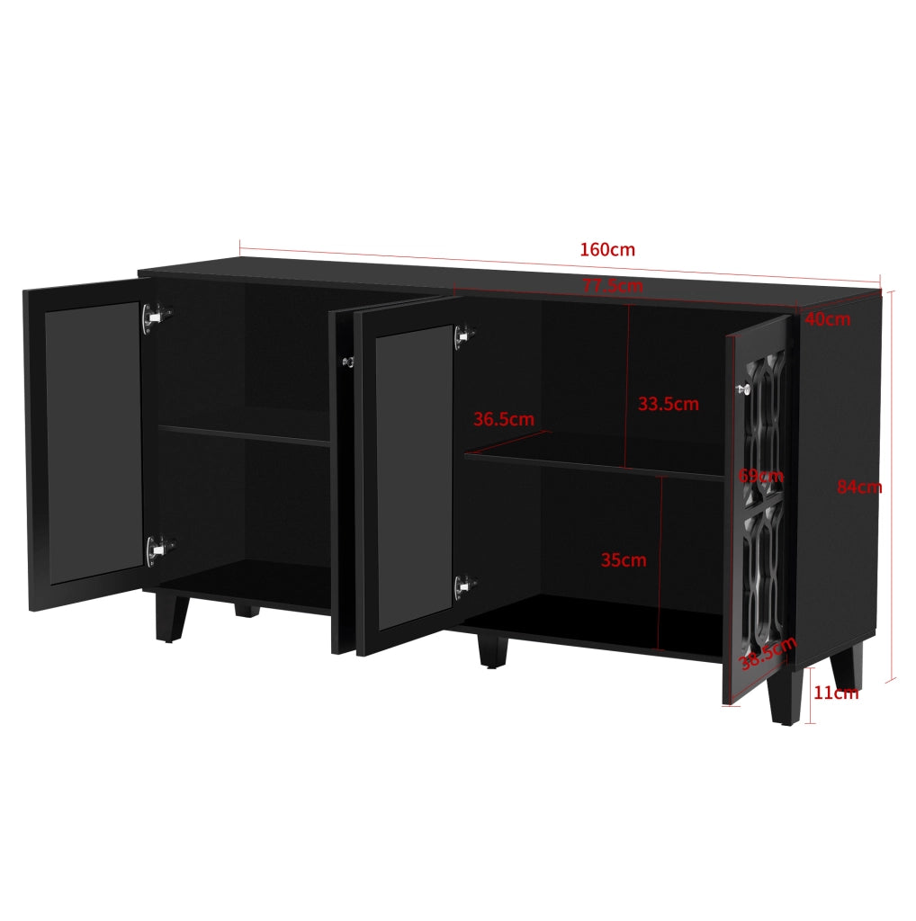 Credenza 160x40x84 cm a 4 ante in MDF nero con inserti in vetro e ripiani mobili