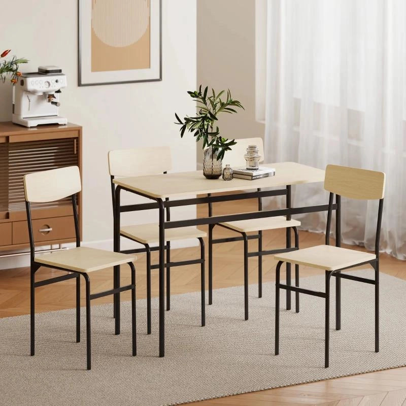 SET DA PRANZO 5 PEZZI CON TAVOLO RETTANGOLARE E 4 SEDIE DA PRANZO, IN LEGNO E METALLO, NERO E COLOR LEGNO