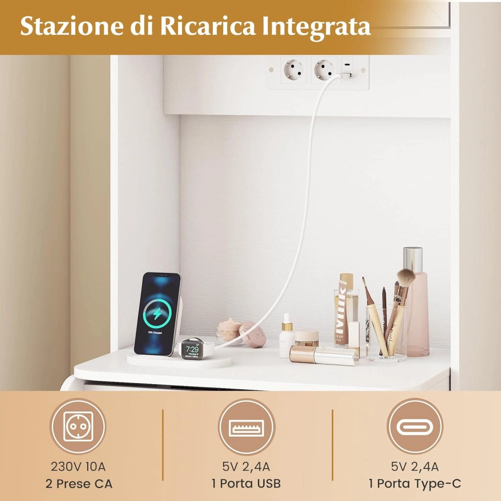 Toeletta da Trucco con Sgabello, Tavolo da Trucco con Specchio Ribaltabile Stazione di Ricarica, Ripiano Regolabile, Postazione Trucco con 2 Cassetti, Ganci, per Camera da Letto Soggiorno