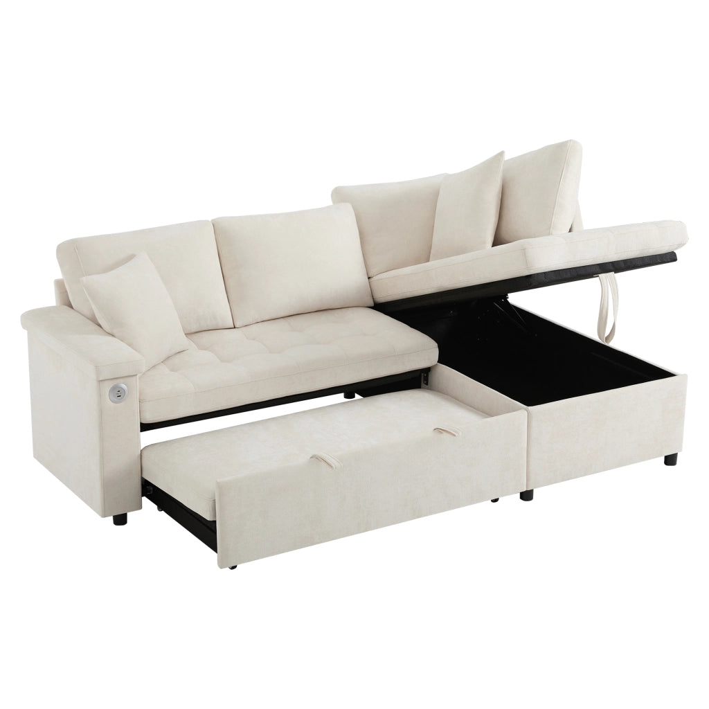 Divano Letto Angolare con Contenitore, USB e Cuscini ¨C MINIMAL ¨C Beige