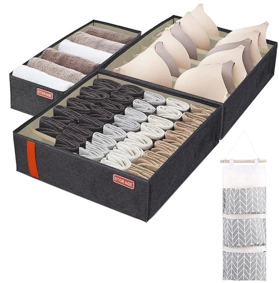 Set di 3 organizzatori di cassetti, cassettiera, sistema di organizzazione per reggiseni, mutande, calze, gruccia di cotone e lino con 3 borse, borsa di stoccaggio per parete
