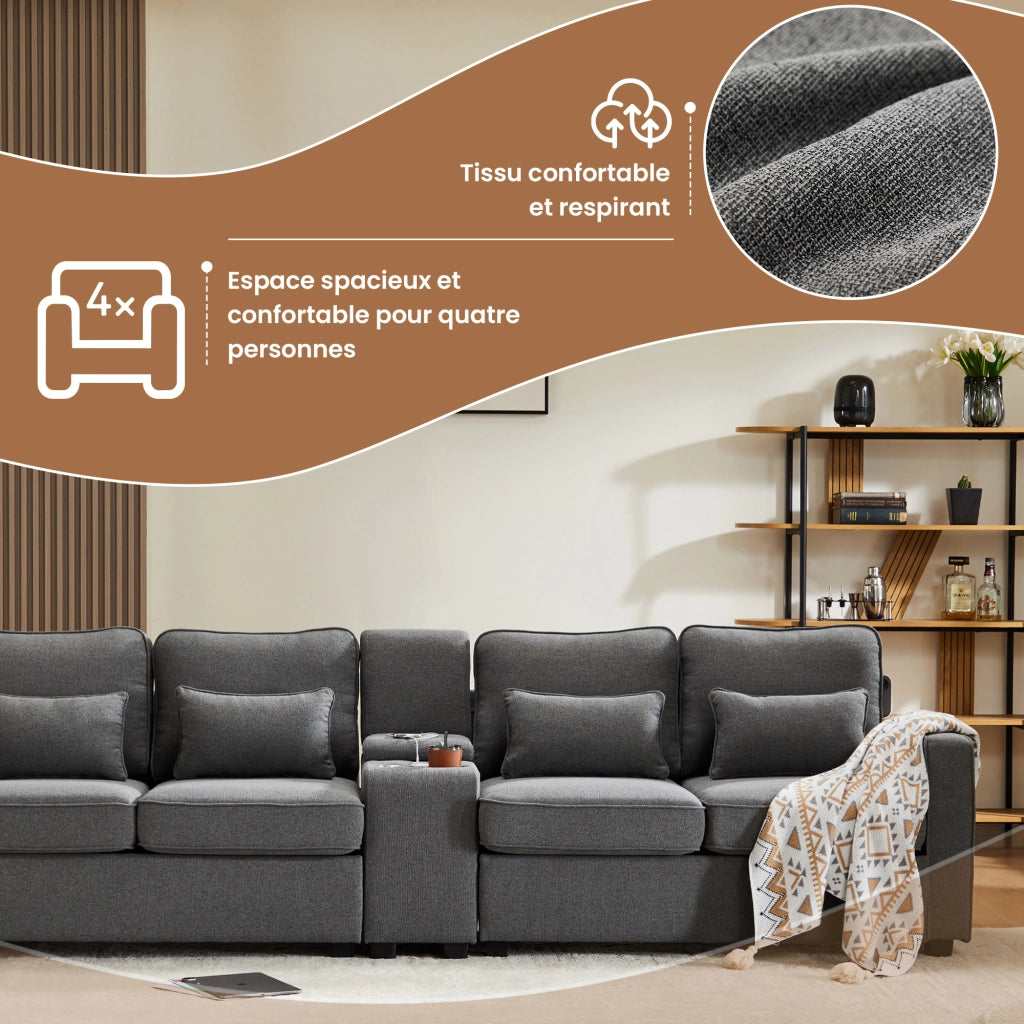 OKWISH Divano Lineare da 4 a 5 Posti, con Consolle, 2 Portabicchieri, 2 Porte USB e Tasche Braccioli, Lino Grigio Scuro