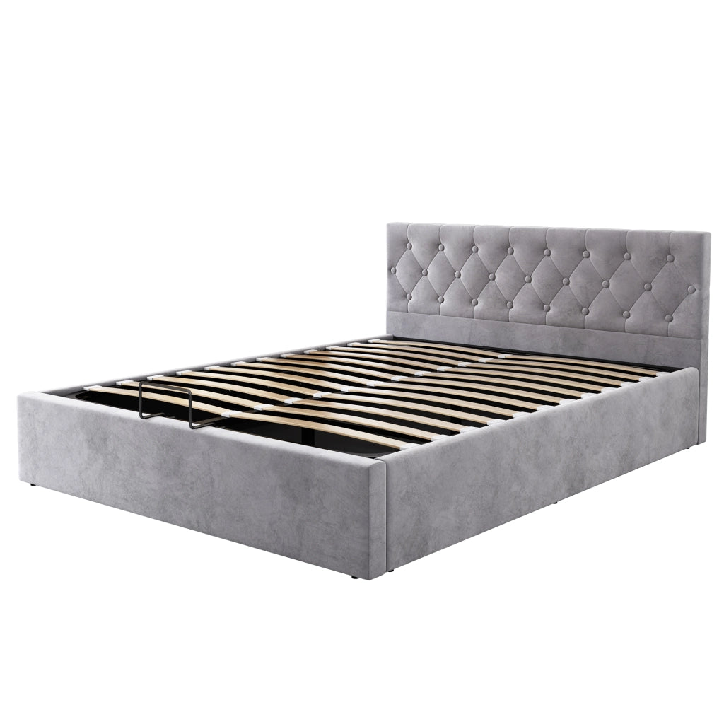Letti contenitori 140x200 cm; contenitore idraulico; velluto grigio (Senza materasso)