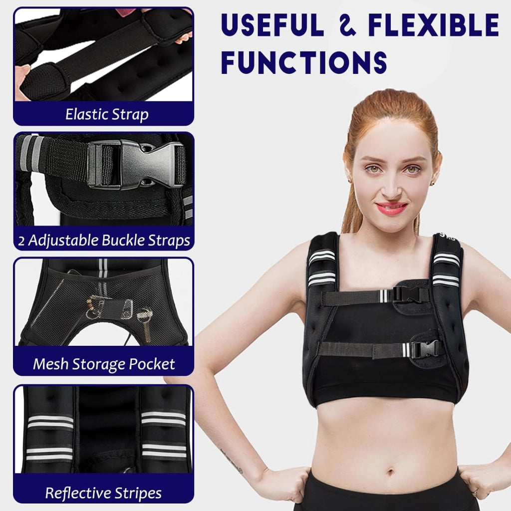 Gilet peso 5/9/15 kg, gilet zavorato in neoprene per allenamenti di peso, gilet da corsa con strisce riflettenti e cinghie regolabili, nero