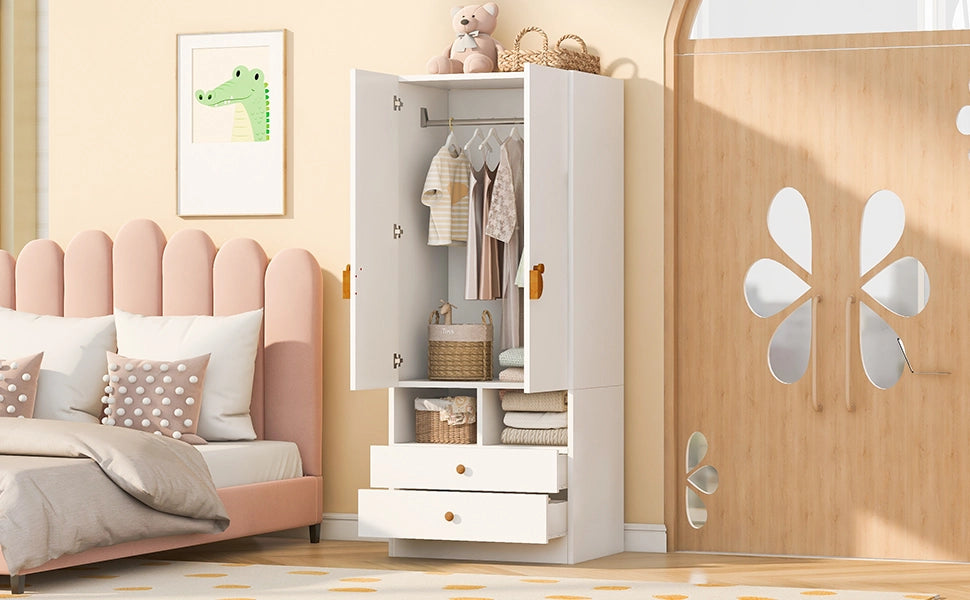 Scaffale a doppia porta con due cassetti e piccoli scomparti in MDF bianco per camera da letto 70 × 50 × 170 cm