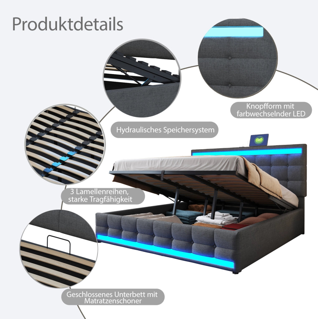 Letto imbottito 180x200 cm grigio con LED RGB e USB