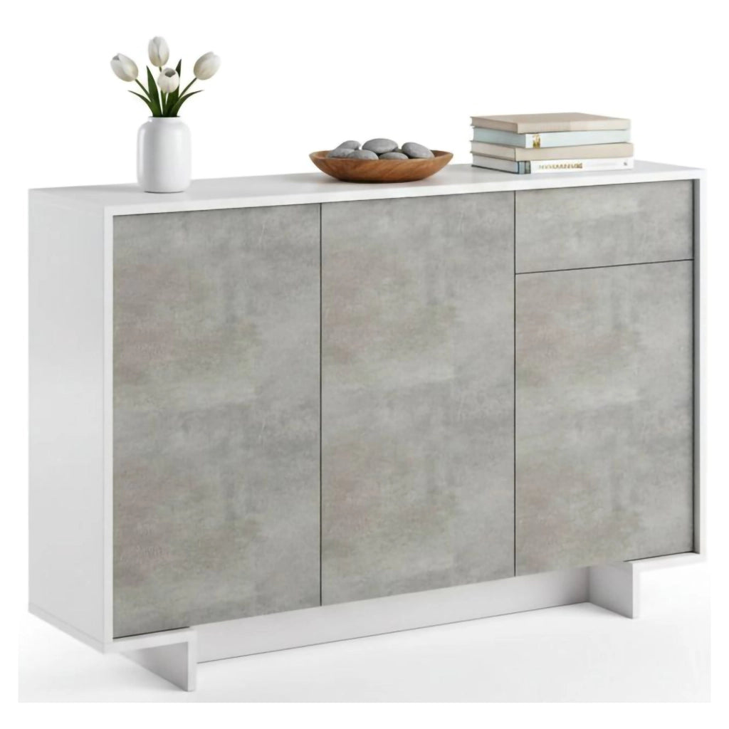 Credenza Arius, Madia da salotto, Buffet da soggiorno a 3 ante e 1 cassetto, 100% Made in Italy, 134x35h87 cm, Bianco e Cemento