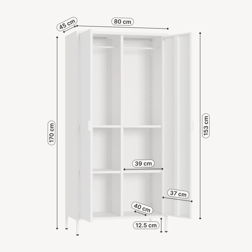 Armadio Guradaroba Esteli in Acciaio a 2 Ante con 2 Barre Appendiabiti e 4 Ripiani 170 x 80 x 45 cm - Bianco [en.casa]