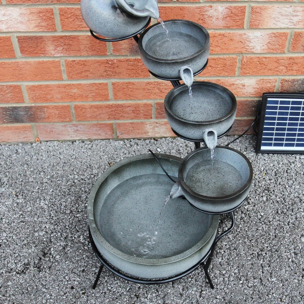Fontana Solare a Cascata da Giardino con Batteria di Supporto da 6 Ore Fontanella con Pannello Solare e Picchetto Fontanella a Vasi Fontana con Ciotole - Grigio
