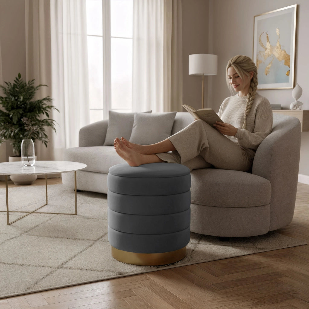 Pouf contenitore cilindrico in velluto 40 cm LUNA Grigio Scuro