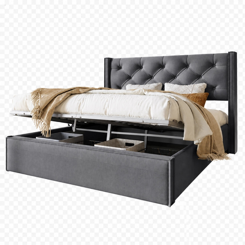 Letti contenitori 140x200 cm con testiera imbottita e rete sollevabile; legno; grigio (Senza materasso)