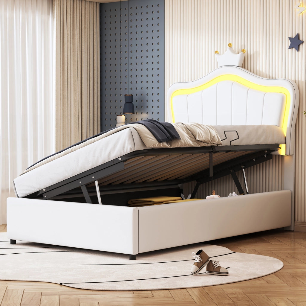 Letto imbottito bambini 90x200 cm LED contenitore bianco