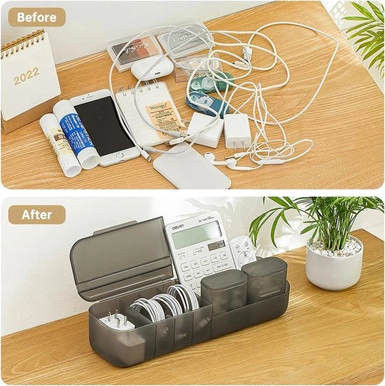 Cassafibra per cavi con 6 compartimenti e 2 piccole cassette, organizzatore per cavi trasparente per uso domestico e ufficio (trasparente nero)