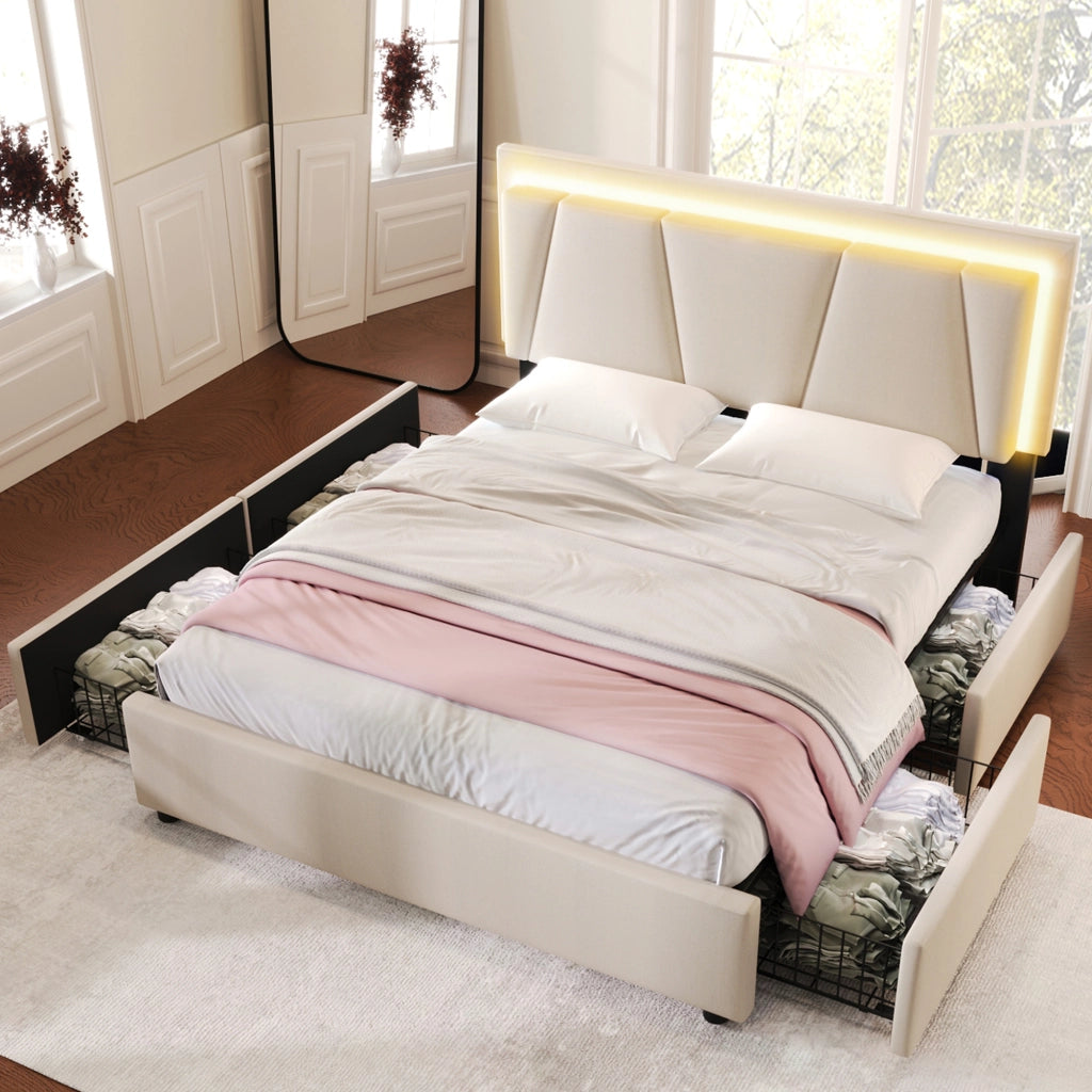 OKWISH Letto con Cassetti 140×200 cm, Letto Matrimoniale con 4 Cassetti, Testiera Regolabile e LED, senza Materasso, Beige