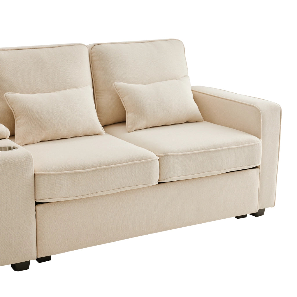 Divano Lineare 4 Posti con USB Contenitore Portabicchieri Tasche Laterali e 4 Cuscini in Lino Beige 290 × 83 × 88 cm