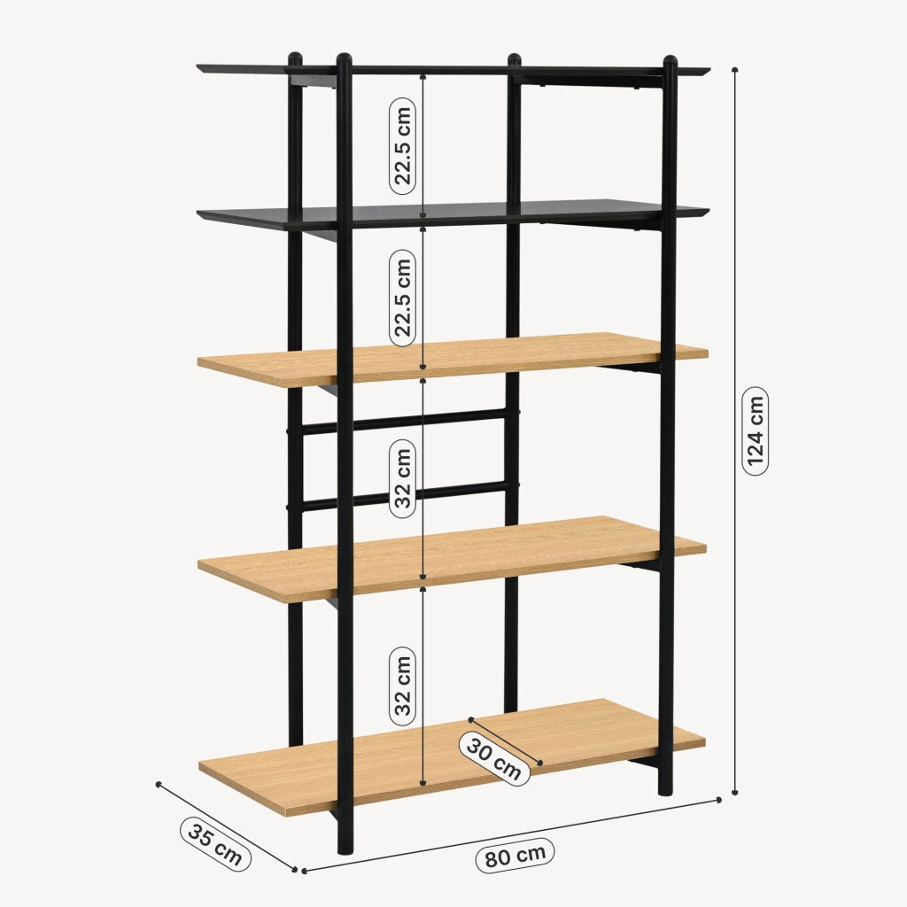 Libreria Kappespoo Scaffale da Terra a 5 Ripiani 124 x 80 x 35 cm - Nero/Effetto Rovere [en.casa]