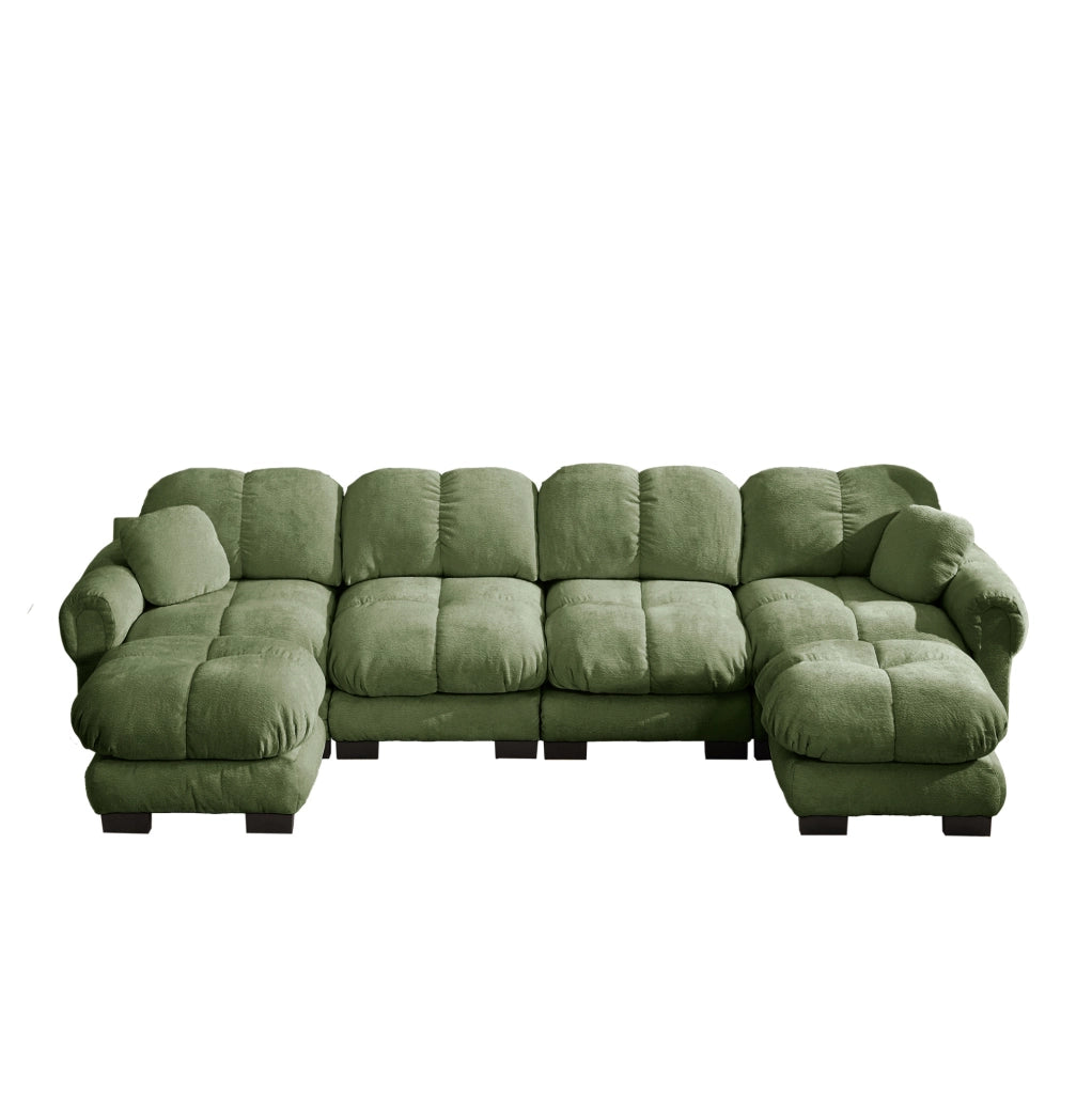 Divano modulare a U in ciniglia con pouf mobili; verde