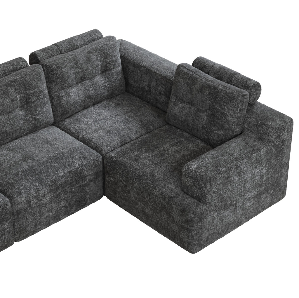 Divano modulare 5-6 posti in ciniglia grigio con pouf